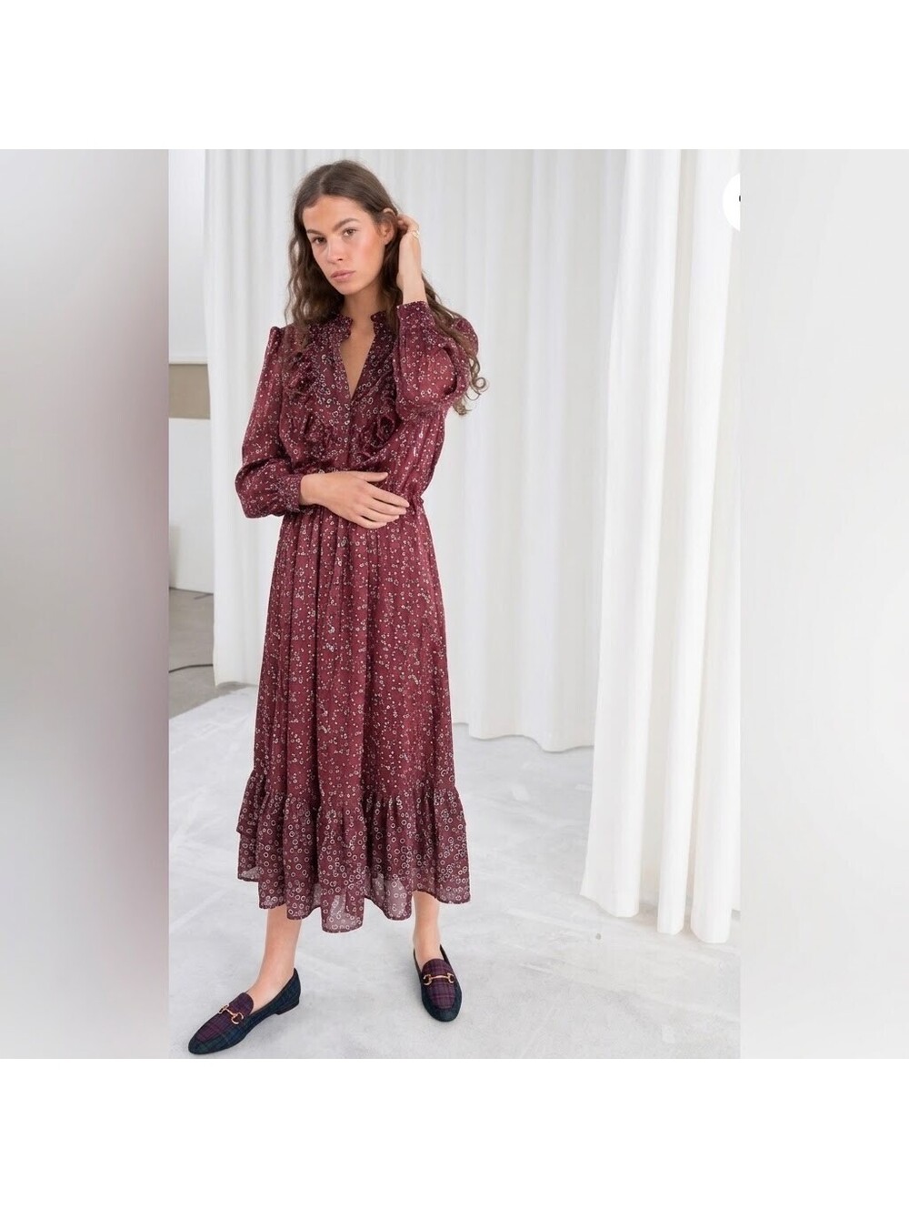Outerknown Stardust Silk Blend Tiered Ruffle Midi Dress Maroon XS Cottagecore
